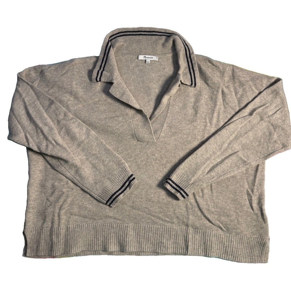 Madewell Tipped Davie Polo Sweater Heather Wheat Merino Wool Blend Size Large